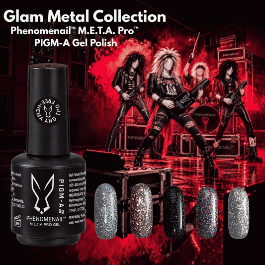 Phenomenail M.E.T.A Pro Gel PIGM-A bottle with five glitter gel polish swatches. Phenomenail designed artwork of a rockstar band holding Phenomenail gel bottles instead of guitars