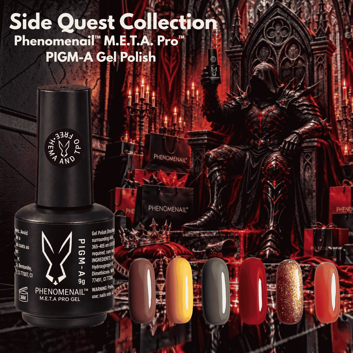 Phenomenail M.E.T.A Pro Gel bottle with six autumnal shades of swatches of gel polish overlaying artwork created by Phenomenail dipictiting a fantasy RPG character
