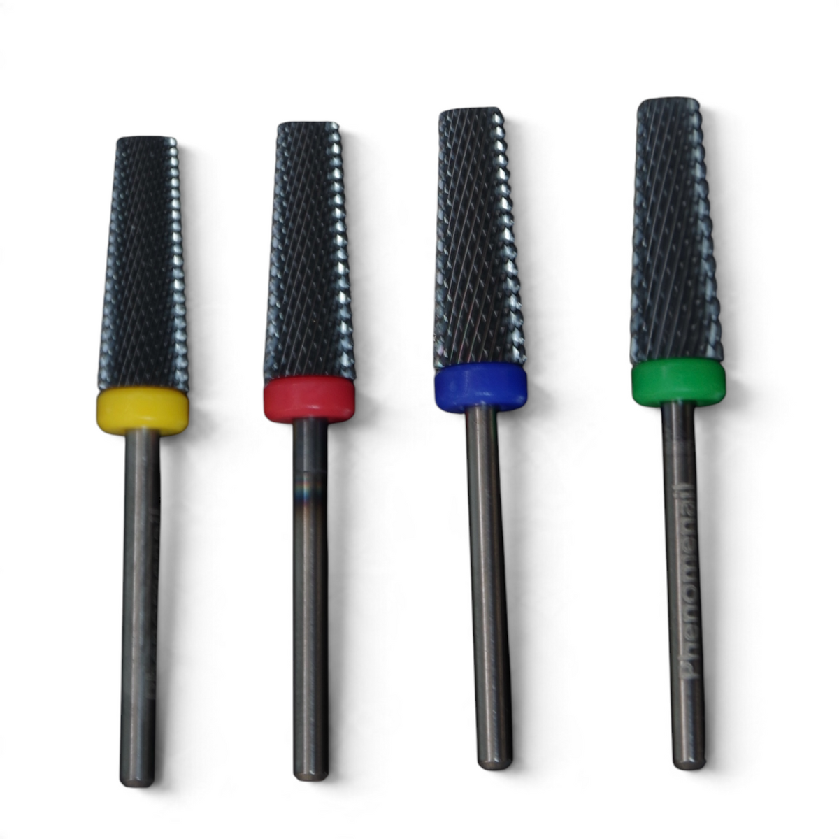Display image of the 4 grits of Phenomenail® precision 5-in-1 Carbide nail drill bit 5mm. X-FINE, FINE, MEDIUM, COARSE. 