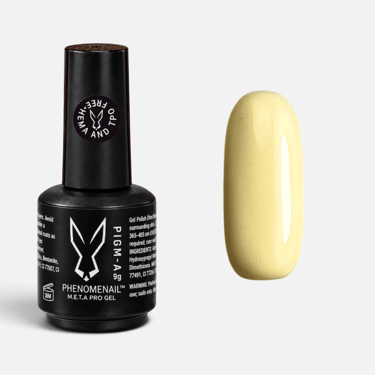 Phenomenail™ M.E.T.A Pro PIGM-A Gel Polish in Rebel Princess, soft pastel buttercup-yellow gel polish bottle with matching color swatch.