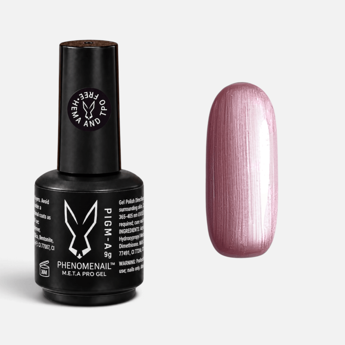 Phenomenail™ M.E.T.A Pro PIGM-A Gel Polish in Rover Rose, pastel rose-pink gel polish with a metallic pearl finish, shown with matching swatch.