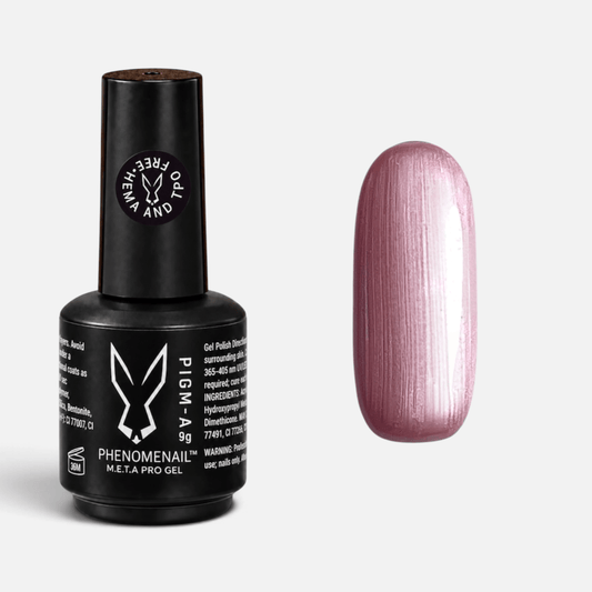 Phenomenail™ M.E.T.A Pro PIGM-A Gel Polish in Rover Rose, pastel rose-pink gel polish with a metallic pearl finish, shown with matching swatch.
