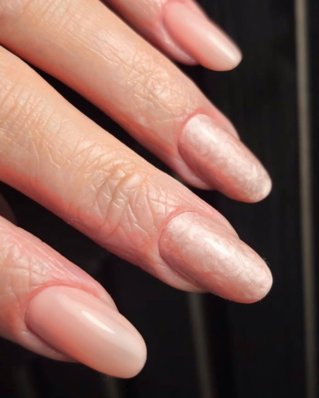 Close-up of a pastel rose manicure with a brushed-metal pearl finish created using Rover Rose professional gel polish.