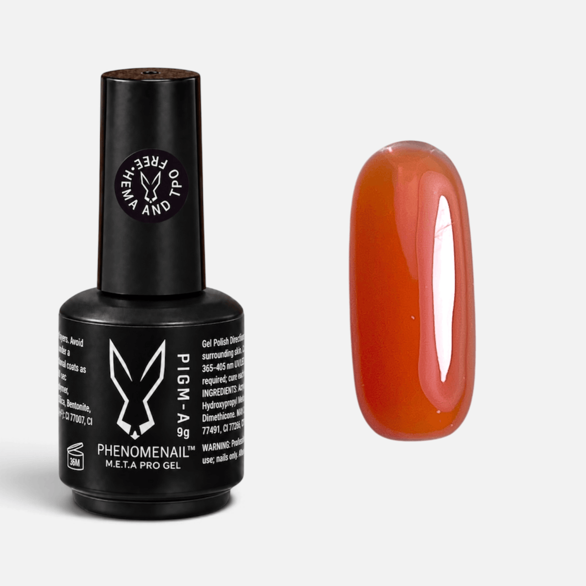 Save Point rich orange Phenomenail™ M.E.T.A Pro PIGM-A Gel Polish bottle with matching jelly-glass colour swatch
