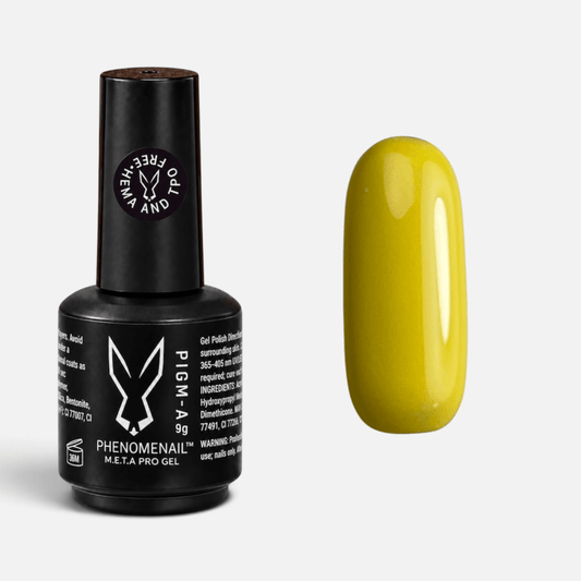 Sherbie sunflower-yellow Phenomenail™ M.E.T.A Pro PIGM-A Gel Polish bottle with matching colour swatch
