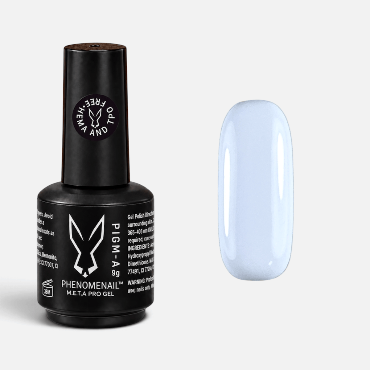 A bottle ofShiva opaque white Phenomenail™ M.E.T.A Pro PIGM-A Gel Polish with color swatch with a black cap and label on a light gray background.
