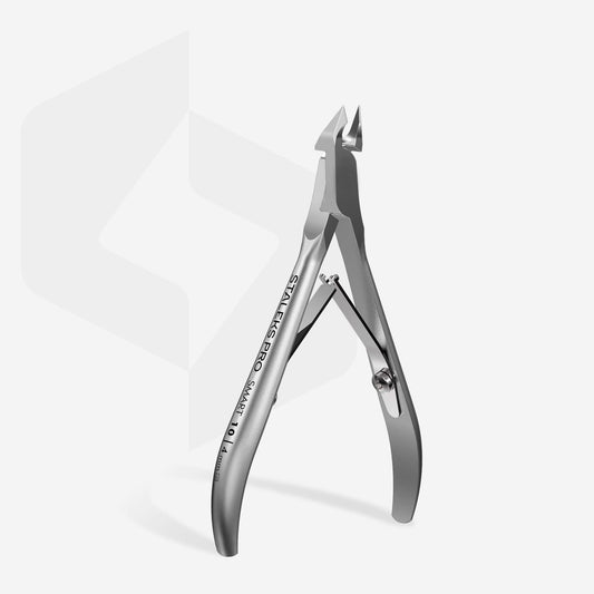 Staleks Pro Cuticle Nippers SMART 10 4mm Stainless Steel, 7.8cm, 40g, surgical grade. image shows back of product 