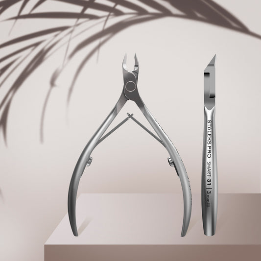 Staleks Pro Cuticle Nippers SMART 31 3mm Stainless Steel product cover image, front and side profile. 1.45 oz