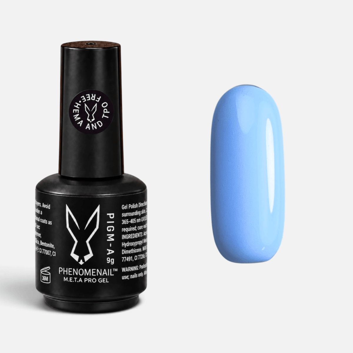 Smurfberry soft pastel blue Phenomenail™ M.E.T.A Pro PIGM-A Gel Polish bottle with matching colour swatch