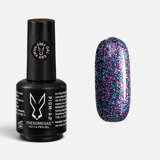 A bottle of PHENOMENAL META PRO gel in Sugar Me  alongside a nail swatch showing the glittery purple and turquoise color effect.