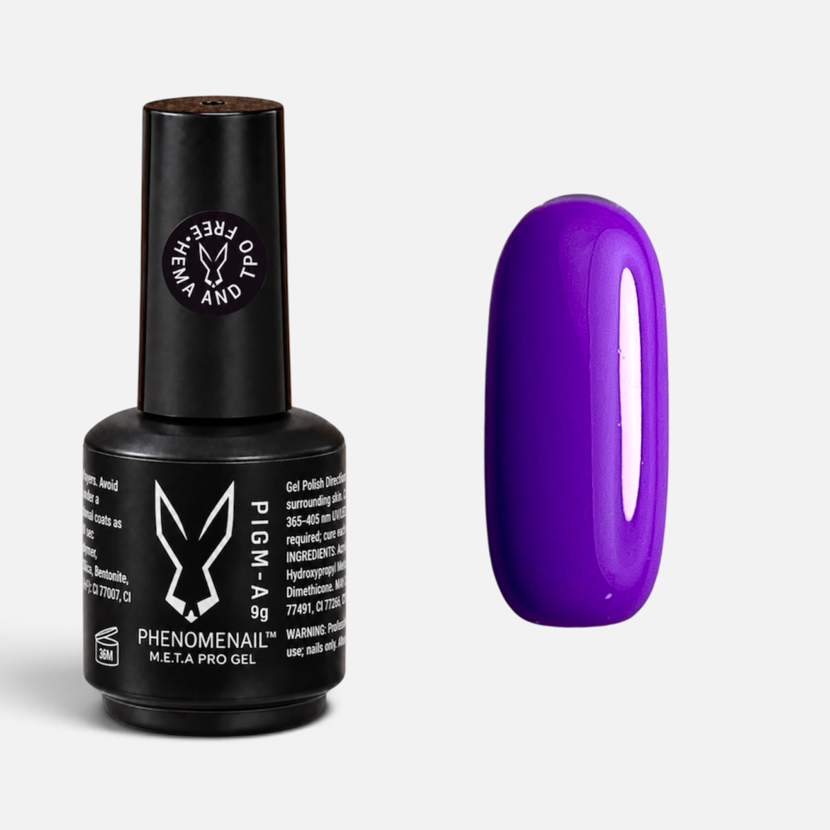 Phenomenail™ M.E.T.A Pro PIGM-A professional gel polish in shade 411, showing its opaque neon-purple colour and matching swatch