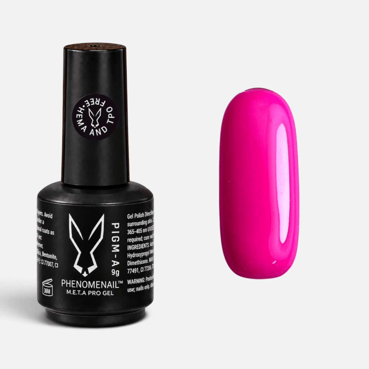 TOTAL BETTY neon-pink Phenomenail™ M.E.T.A Pro PIGM-A Gel Polish bottle with matching colour swatch