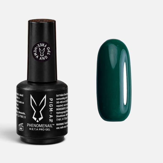 Valefor emerald-green Phenomenail™ M.E.T.A Pro PIGM-A Gel Polish bottle with matching colour swatch