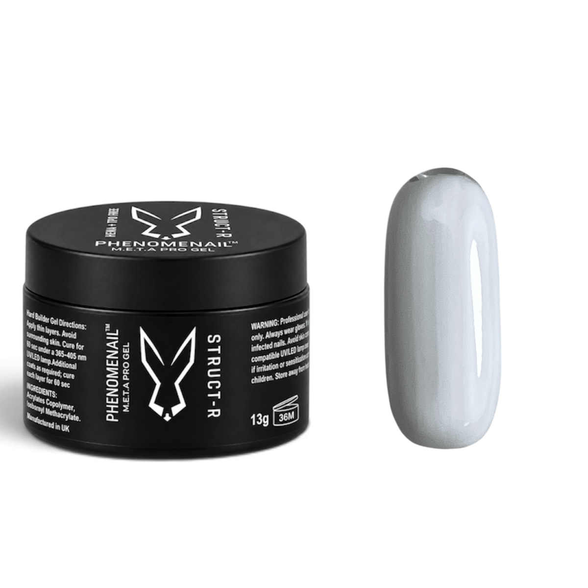 Phenomenail™ M.E.T.A Pro STRUCT-R Hard Builder Gel in Veiled, full-coverage milky white builder gel, shown with matching color swatch.