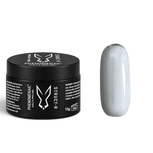Phenomenail™ M.E.T.A Pro STRUCT-R Hard Builder Gel in Veiled, full-coverage milky white builder gel, shown with matching color swatch.