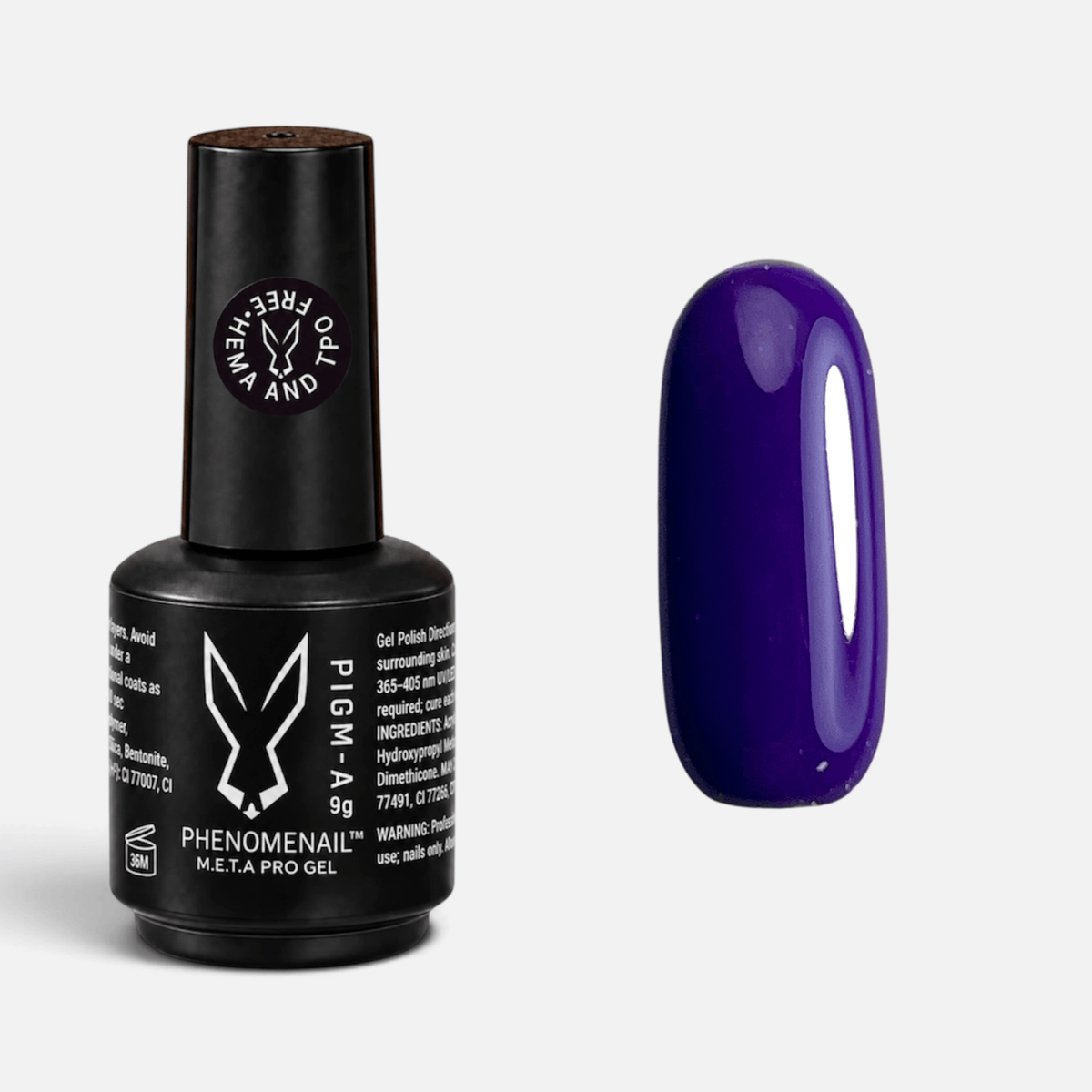 Voidlet deep plum-purple Phenomenail™ M.E.T.A Pro PIGM-A Gel Polish bottle with matching colour swatch
