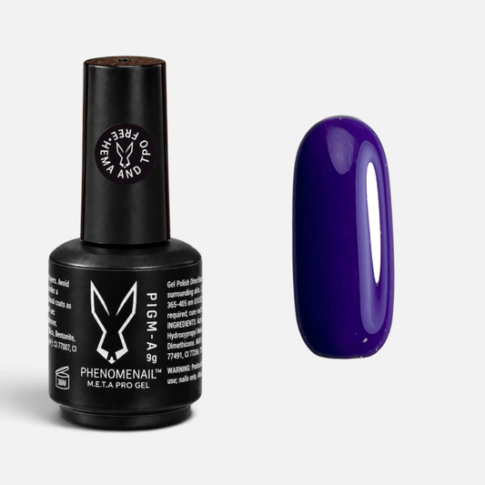 Voidlet deep plum-purple Phenomenail™ M.E.T.A Pro PIGM-A Gel Polish bottle with matching colour swatch
