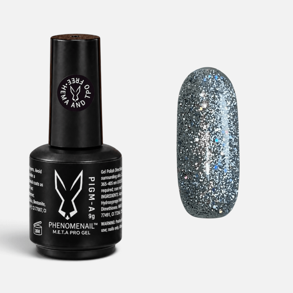 Phenomenail™ M.E.T.A Pro PIGM-A Gel Polish in Volume 11, silver-based glitter with light-reflective holographic particles, shown with matching swatch.