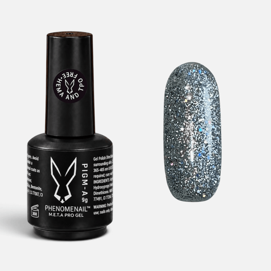 Phenomenail™ M.E.T.A Pro PIGM-A Gel Polish in Volume 11, silver-based glitter with light-reflective holographic particles, shown with matching swatch.