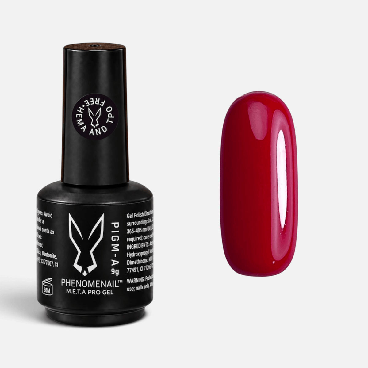 Yuna pillarbox-red Phenomenail™ M.E.T.A Pro PIGM-A Gel Polish with colour swatch