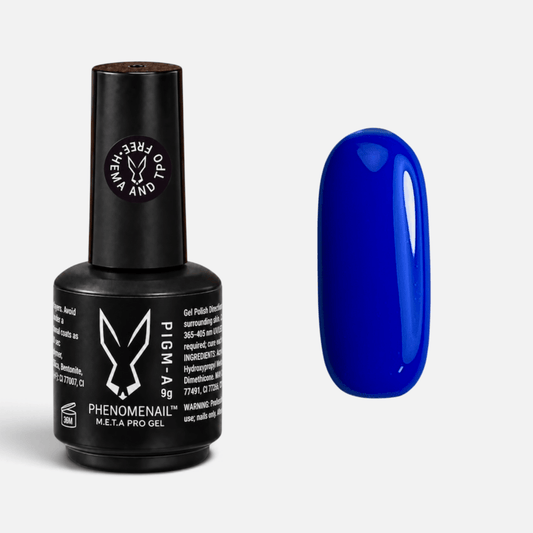 Zazi royal-blue Phenomenail™ M.E.T.A Pro PIGM-A Gel Polish bottle with matching colour swatch
