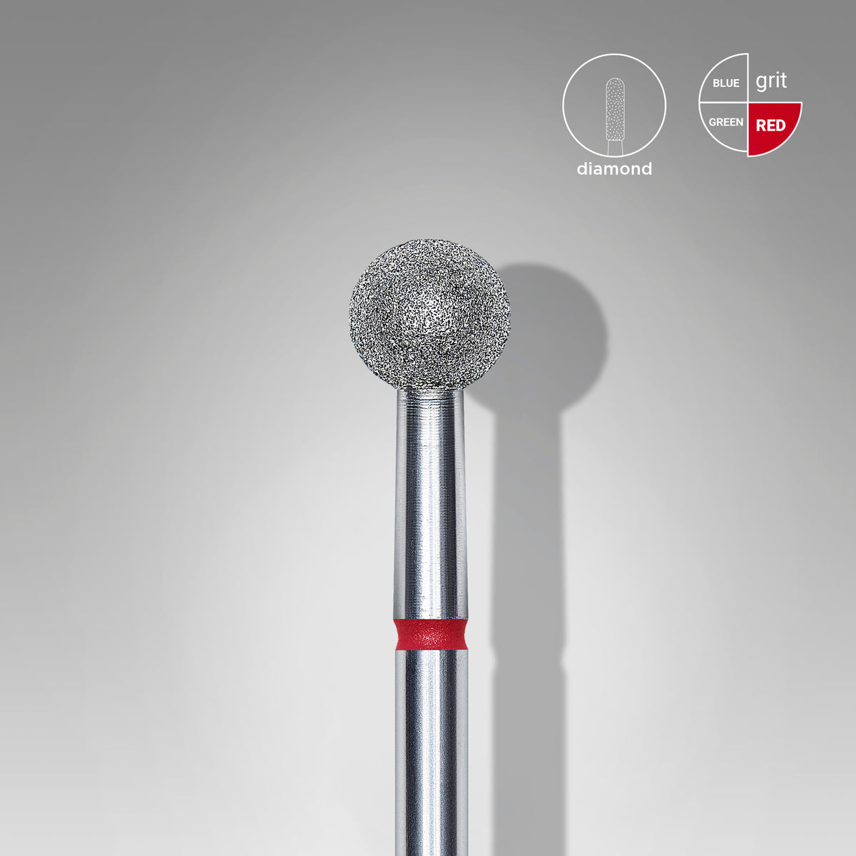close up image of Staleks Pro Diamond Ball Nail Drill Bit 5mm Red/Fine, stainless steel, diamond coating 