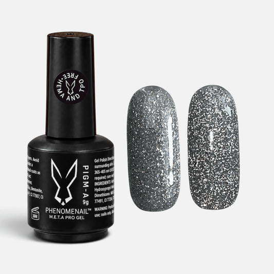 Get Rekt FLASH GLITTER! silver holographic Phenomenail™ M.E.T.A Pro PIGM-A Gel Polish bottle with matching glitter swatch